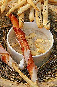 Soup of Valdaora bread and breadsticks with speck, Hotel Mirabell, Valdaora, Val Pusteria, Trentino Alto Adige, Italy