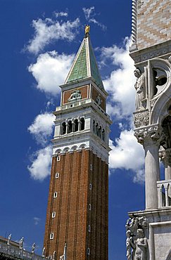 Foreshortening of San Marco bell tower and Doge palace, Venice, Veneto, Italy