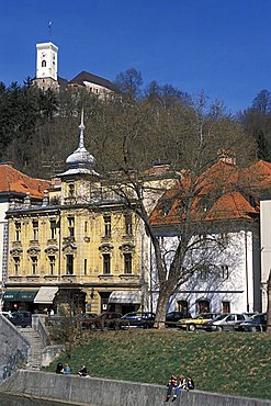 Ljubljanica river under the castle, Ljubljana, Slovenia, Europe