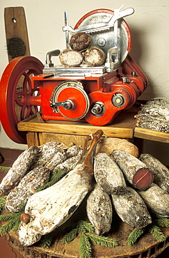 Typical products, Il Salumaio shop, Bormio, Lombardy, Italy