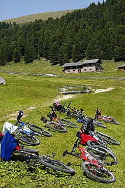 on Bike near Brogles refuge, between Gardena Valley and Funes Valley, Alto Adige, Italy                                 