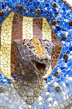 Mosaic fountain, Park Guell of Antoni Gaudì, Barcelona, Spain, Europe