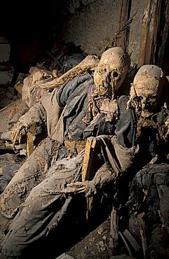 Crypt with mummies, San Bartolomeo church, Campagna, Campania, Italy.