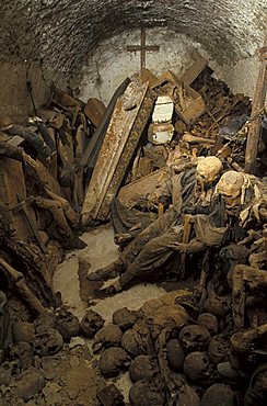 Crypt with mummies, San Bartolomeo church, Campagna, Campania, Italy.