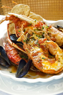 Lobster and mussel soup, La Ghinghetta restaurant, Portoscuso, Sardinia, Italy, Europe