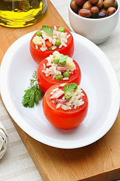 Tomatos stuffed with rice, ham, cheese and parsley, Italy, Europe