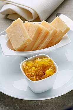 Stewed fruit, orange, spice, ginger with Parmigiano cheese, Italy, Europe