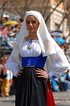 Woman in traditional dress, Cagliari, Sant'Efisio traditional event, the most important religious feast in Sardinia, Italy