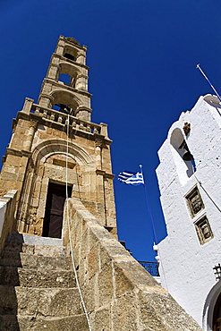 The belltower of Panagia Church, Lindos, Dodecanese, Rhodes Island, Greek Island, Greece, Europe