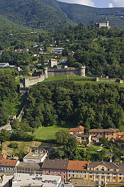 town partial view and castles, bellinzona, switzerland