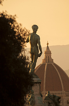 Cathedral and copy of Michelangelo's David statue, Michelangelo square, Florence, Tuscany, Italy, Europe