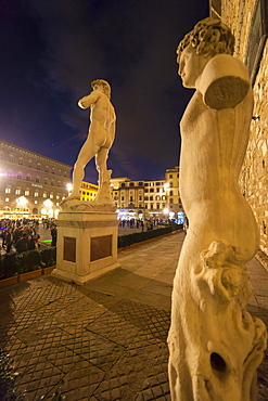 Michelangelo's David statue in Piazza della Signoria square at night, Florence, Tuscany, Italy, Europe