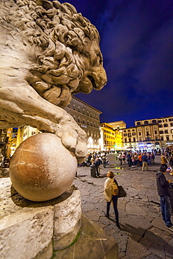 Lion statue in Loggia dei Lanzi, Piazza della Signoria square, Florence, Tuscany, Italy, Europe