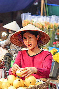 Womand selling fruits in a street market of HoÃƒÂ n KiÃ¡ÂºÂ¿m, the old quarter of Hanoi, Hanoi, Vietnam, Indochina, Southeast Asia, Asia