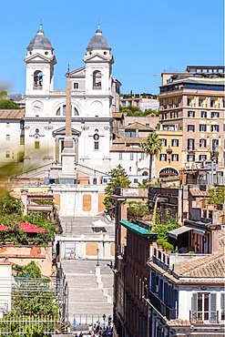 Fligh of steps, Church, Scalinata, Trinita dei Monti, Chiesa Trinita dei Monti, Tetti, Rome, Lazio, Italy, Europe