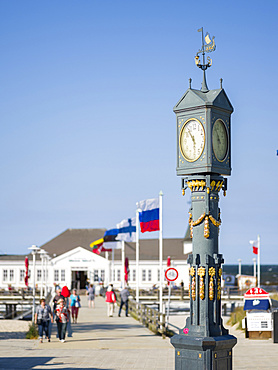 The art nouveau clock at the  famous pier in Ahlbeck on the island of Usedom.  Europe,Germany, Mecklenburg-Western Pomerania, Usedom, June