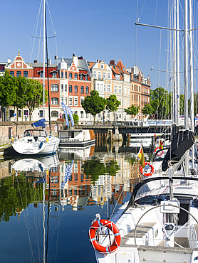 The marina at the Strelasund. The Hanseatic City Stralsund. The old town is listed as UNESCO World Heritage. Europe, Germany, West-Pomerania, June