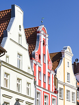 Medieval houses in the protected old town. The Hanseatic City Stralsund. The old town is listed as UNESCO World Heritage. Europe, Germany, West-Pomerania, June