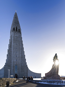 Reykjavik, monument for Leif Eriksson in front of  Hallgrimskirkja. europe, northern europe, iceland,  February