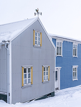 Akureyri during winter.  Old town with traditional and historic buildings. Akureyri  is Icelands second largest city, second only the Reykjavik area. europe, northern europe, iceland,  March