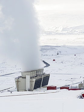 Geothermal power plant Kroefluvirkjun near the vulcano Krafla and lake Myvatn in the snowy highlands of wintery Iceland.  europe, northern europe, iceland,  February