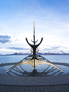 Solfar, a landmark of  Reykjavik. Solfar  icelandic for Sun Voyager is a sculture made of stainless steel in the harbour of Reykjavik made be the artist Jon Gunnar Arnason.  europe, northern europe, iceland,  February