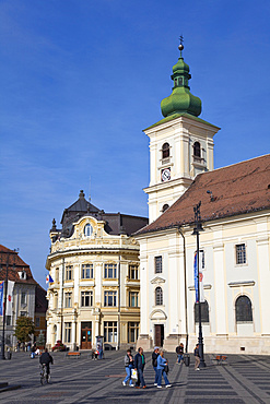 Sibiu, Hermannstadt in Transylvania, Piata Mare with town hall and roman catholic cathedral of the german saxon minority, Europe, Eastern Europe, Romania, Sibiu