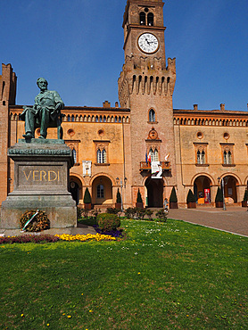 Piazza Giuseppe Verdi square and The Rocca Pallavicino castle, historical center, Busseto, Emilia Romagna, Italy, Europe