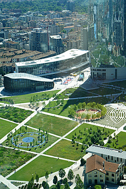 Aerial view of Milan from the covered glass terrace of the 39th floor, Palazzo Lombardia palace, Headquarters of the Regional Council of Lombardy, Milan, Lombardy, Italy, Europe