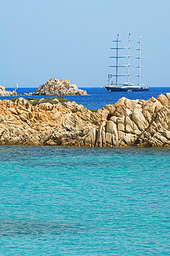 Falcon, Perini Yacht, Island of Budelli; La Maddalena Archipelago, Bocche di Bonifacio, Sardinia, Italy, Europe