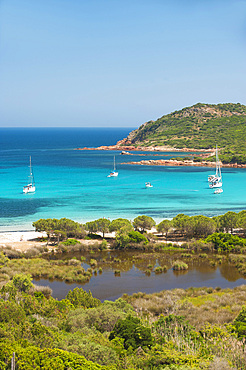 Rondinara bay seen from the side of the Prisarella pond, Corsica, France, Europe