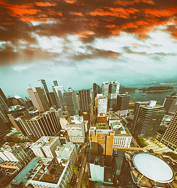 Aerial view of Vancouver cityscapea at sunset, BC - Canada.