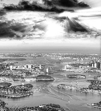 Aerial view of Sydney Harbour from the airplane, Australia.