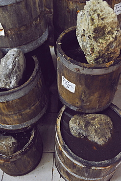 Preparation of anchovy sauce called Colatura di alici, a fish sauce for pasta typical of Cetara village, Amalfi Coast, Campania, Italy, Europe