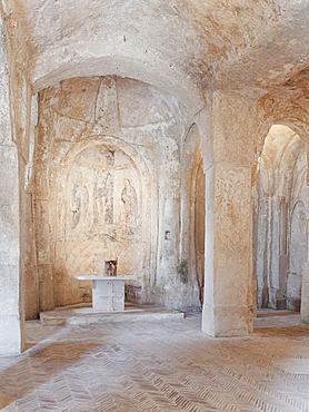 Interrior of the church of San Nicola del Greci, This monastic complex is one of the most important monuments in Matera and is composed of dozens of caves spread over two floors, Matera, Basilicata, Italy, Europe