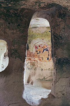 Ancient frescoes inside the church of Madonna delle virtù, This monastic complex is one of the most important monuments in Matera and is composed of dozens of caves spread over two floors, Matera, Basilicata, Italy, Europe