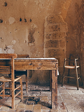 Dining rooms of the hotel Le Grotte della Civita, It is a hotel housed in ancient cave houses by the projects of "Sextantio", Matera, Basilicata, Italy, Europe