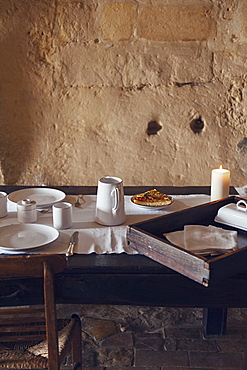 Dining rooms of the hotel Le Grotte della Civita, It is a hotel housed in ancient cave houses by the projects of "Sextantio", Matera, Basilicata, Italy, Europe