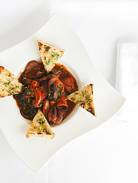 Octopus soup with squid and cuttlefish tufts and toasted bread, 1999 restaurant, Maratea, Basilicata, Italy, Europe