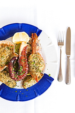 Scallops, cod, shrimp and seafood au gratin and grilled octopus, 1999 restaurant, Matera, Basilicata, Italy, Europe