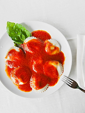 Fresh hand made pasta, ravioli filled with ricotta cheese, with fresh tomatoe souce and organic basil, Il Giardino Di Epicuro restaurant, Maratea, Basilicata, Italy, Europe