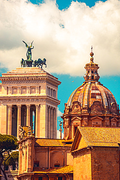 Beautiful panorama view on Altar of the Fatherland and Church of Santi Luca and Martina, Rome, Italy, Europe