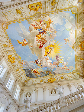 Kaiserstiege (imperial staircase) with fresco, a masterpiece of baroque architecture in Austria. Goettweig Abbey near Krems. Goettweig abbey is part if the UNESCO world heritage Wachau. Europe, Austria, Lower Austria