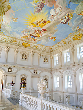 Kaiserstiege (imperial staircase) with fresco, a masterpiece of baroque architecture in Austria. Goettweig Abbey near Krems. Goettweig abbey is part if the UNESCO world heritage Wachau. Europe, Austria, Lower Austria