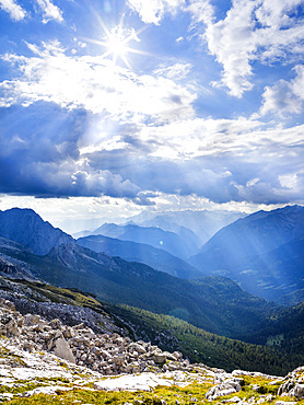 Thunderstorm clouds over Val Rendena. The Brenta Dolomites, listed as UNESCO world heritage Dolomites. Europe, Italy, Trentino, Val Rendena