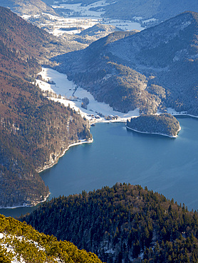 View towards Sachenbach bay at lake Walchensee. View from Mt. Herzogstand near lake Walchensee. Europe, Germany, Bavaria