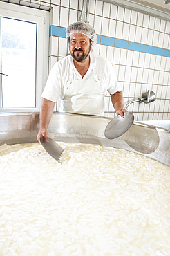 Sant'Antonio Agricultural Cooperative, Dairy company for the production of Strachitunt, typical raw milk cheese, raw paste, possibly blue, produced with whole cow's milk with the two curds technique, milk is obtained about a hundred Brown Alpine cows at 800 meters above sea level, DOP cheese, Val Taleggio valley; Lombardy; Italy; Europe.