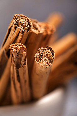 cinnamon sticks in a small bowl on a grey cloth.