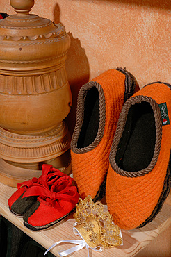 Traditional hand-sewn shoes of the village of Gressoney in Aosta Valley, Italy, Europe