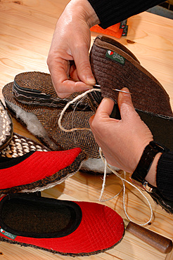 Traditional hand-sewn shoes of the village of Gressoney in Aosta Valley, Italy, Europe